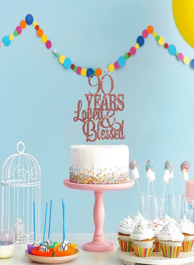 WeBenison 90 Years Blessed & Loved Cake Topper 90th Birthday Cake Topper Marriage Anniversary Birthday Party Decoration Supplies Rose Gold Glitter - Image 4