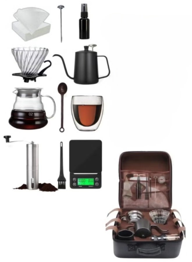 دينكس طقم ماكينة قهوة يدوية V60 مع حقيبة سفر محمولة، مطحنة يدوية، قمع تقطير زجاجي، إبريق، ميزان رقمي، غلاية وفلاتر، جديد 2026، 15 في 1 - Image 2