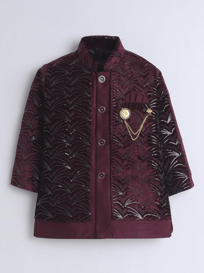 AHHAAAA Boy's Velvet 2-Piece Indo-Western Set|Kids Sequin Embellished Work, Velvet Sherwani Set|Ideal for any Festivals Occasion|Wine, 6-7 Years| - Image 3
