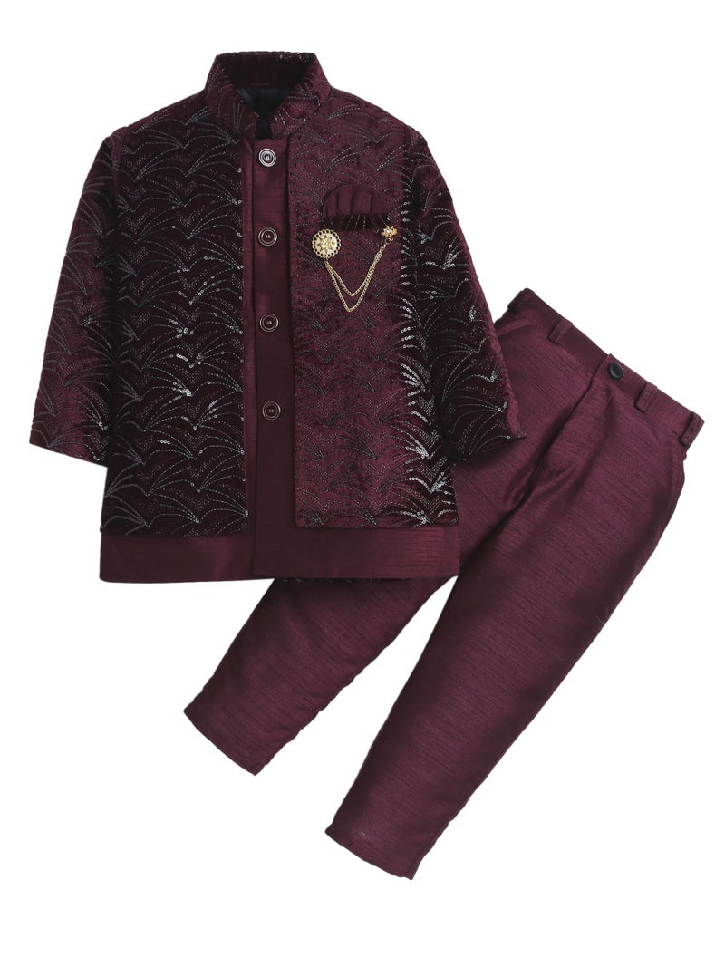 AHHAAAA Boy's Velvet 2-Piece Indo-Western Set|Kids Sequin Embellished Work, Velvet Sherwani Set|Ideal for any Festivals Occasion|Wine, 6-7 Years| - Image 1