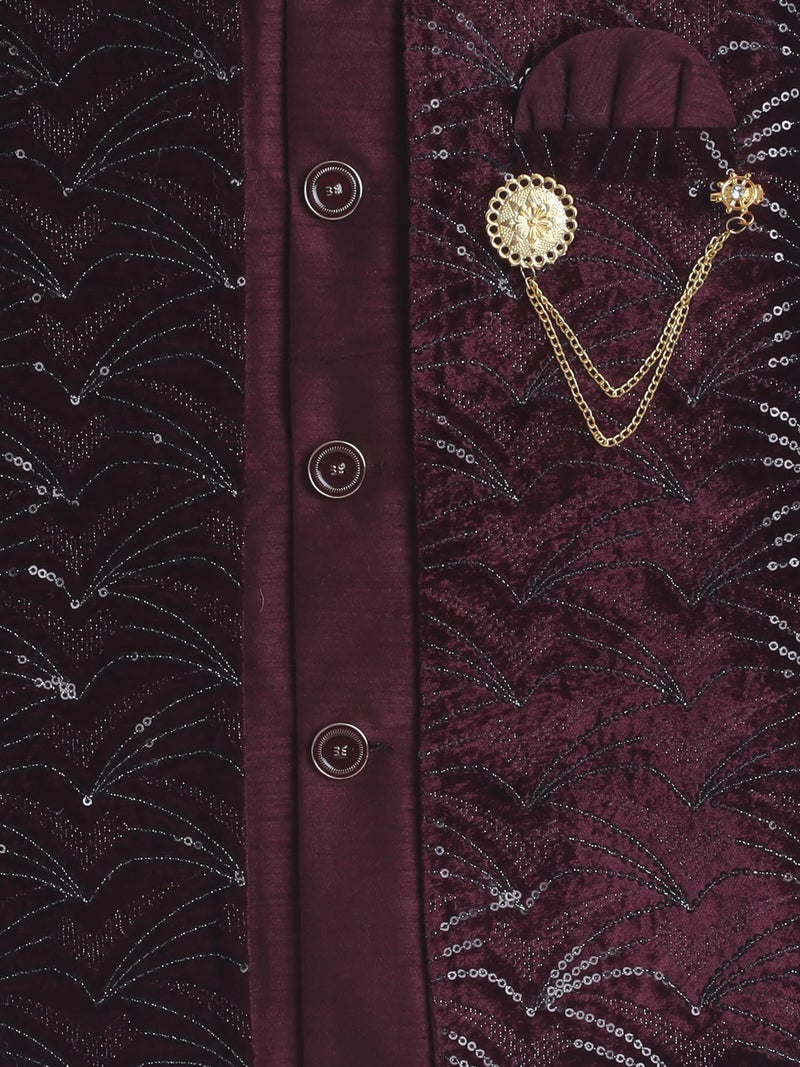 AHHAAAA Boy's Velvet 2-Piece Indo-Western Set|Kids Sequin Embellished Work, Velvet Sherwani Set|Ideal for any Festivals Occasion|Wine, 6-7 Years| - Image 5