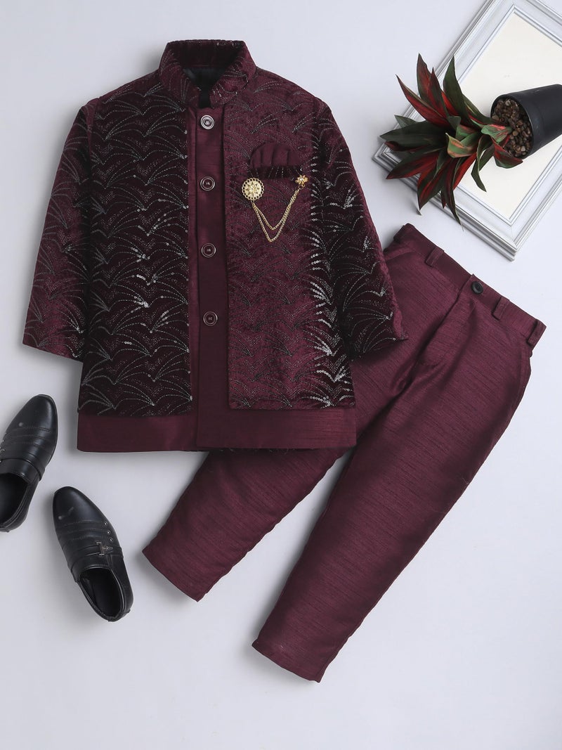 AHHAAAA Boy's Velvet 2-Piece Indo-Western Set|Kids Sequin Embellished Work, Velvet Sherwani Set|Ideal for any Festivals Occasion|Wine, 6-7 Years| - Image 2