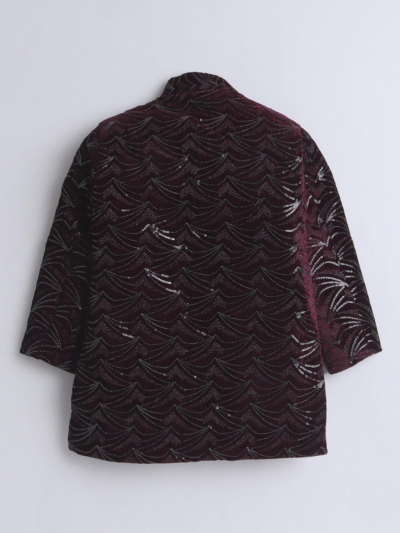 AHHAAAA Boy's Velvet 2-Piece Indo-Western Set|Kids Sequin Embellished Work, Velvet Sherwani Set|Ideal for any Festivals Occasion|Wine, 6-7 Years| - Image 4