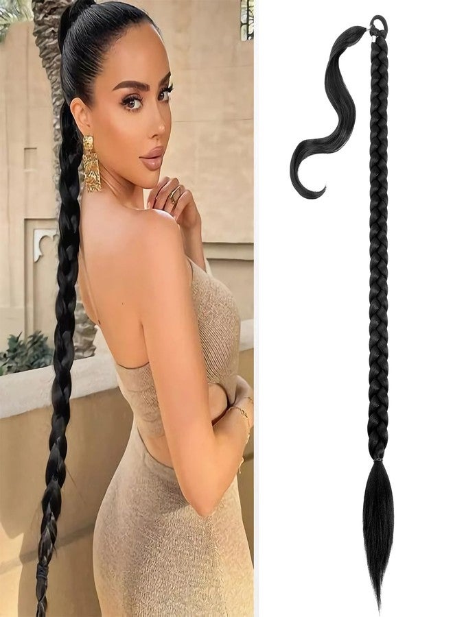 Vemet Ponytail Extension,Vemet Braided Ponytail Extension Black Women with Hair Tie,Straight Wrap with Braid Synthetic Hair Pieces 36 Inch 1B - Image 1