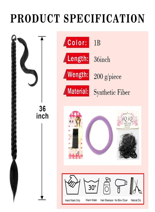 Vemet Ponytail Extension,Vemet Braided Ponytail Extension Black Women with Hair Tie,Straight Wrap with Braid Synthetic Hair Pieces 36 Inch 1B - Image 3