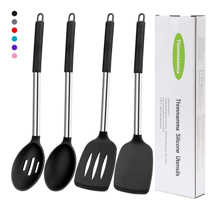 Thimmamma Silicone Spatula Spoon Set, 4 PCS Silicone Cooking Utensils Spatula Spoon Set with Stainless Steel Handle, BPA Free Kitchen Turners for Frying, Mixing, Serving, Draining, Turning, Stirring, Black - Image 1
