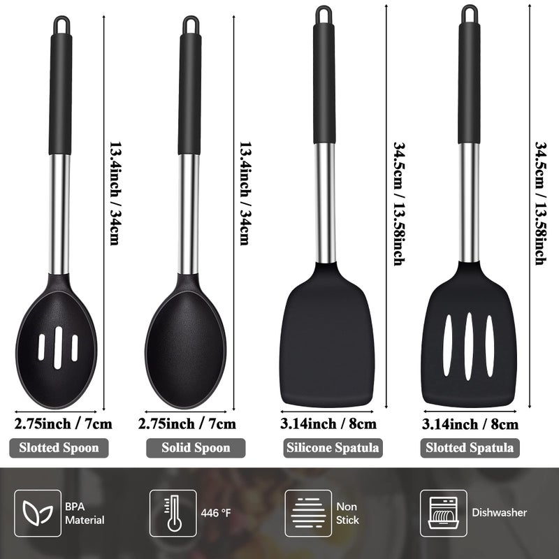 Thimmamma Silicone Spatula Spoon Set, 4 PCS Silicone Cooking Utensils Spatula Spoon Set with Stainless Steel Handle, BPA Free Kitchen Turners for Frying, Mixing, Serving, Draining, Turning, Stirring, Black - Image 3