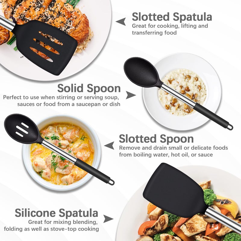 Thimmamma Silicone Spatula Spoon Set, 4 PCS Silicone Cooking Utensils Spatula Spoon Set with Stainless Steel Handle, BPA Free Kitchen Turners for Frying, Mixing, Serving, Draining, Turning, Stirring, Black - Image 2