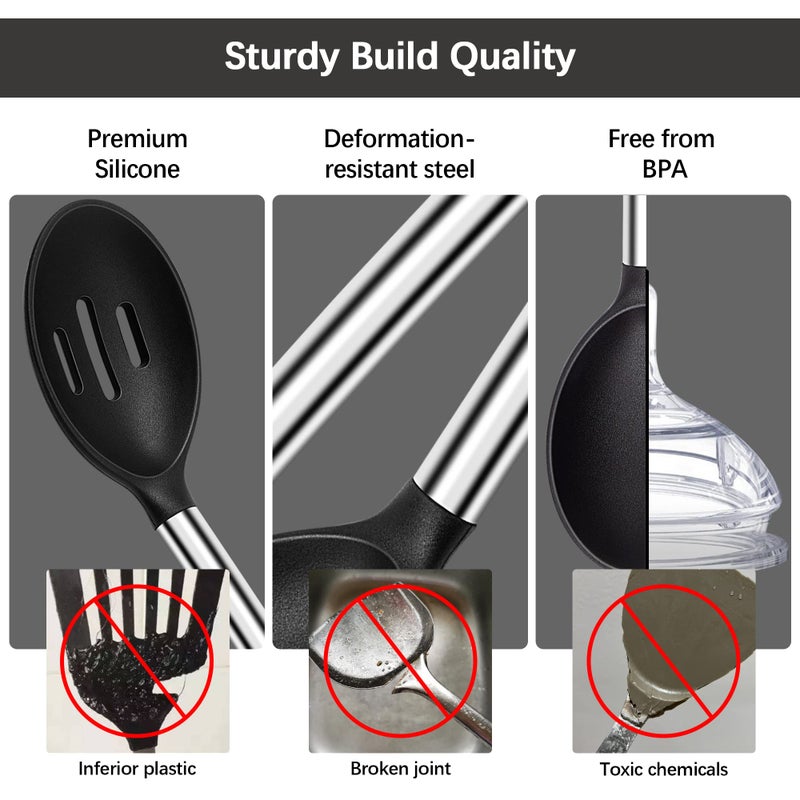 Thimmamma Silicone Spatula Spoon Set, 4 PCS Silicone Cooking Utensils Spatula Spoon Set with Stainless Steel Handle, BPA Free Kitchen Turners for Frying, Mixing, Serving, Draining, Turning, Stirring, Black - Image 5