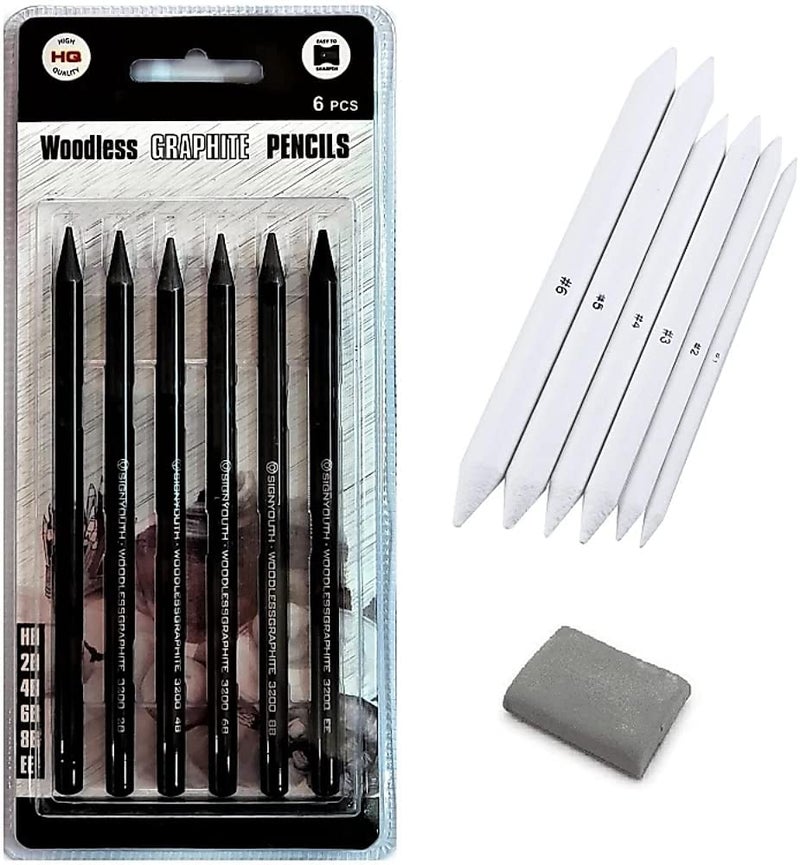 53 Arts 53ARTS Professional ShadingSketching kit Including Woodless Graphite Pencils Set of 6 Paper BlendersPaper Stumps Set of 6 KneadableKneaded Eraser 1 