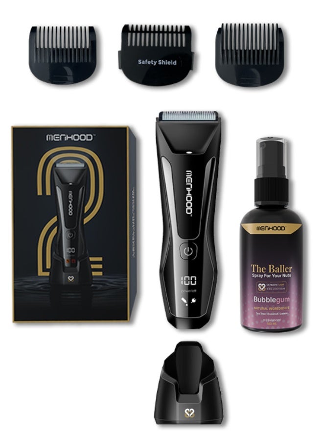 MENHOOD Waterproof Cordless Grooming Trimmer 2.0 for Men | Best Full Body & Sensitive Skin Technology | Male Body Hair Trimmer | Wireless Charging | 4000K LED Light & Power Status Display | 150 Min Runtime | All-in-One Multi-Purpose Trimmer & Menhood The Baller Fresh Intimate Perfume for Men Private Parts | All Day Freshness | Helps Prevent Itching, Sweating & Irritation | 100 ml (Bubble Gum Fragrance) Bundle - Image 1