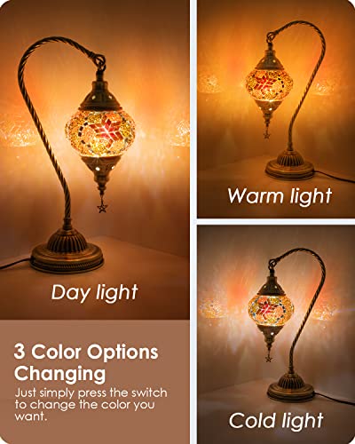 Yarra-Decor Turkish Moroccan Lamp with Bronze Base 3-Way Color Changing Handmade Swan Neck Tiffany Mosaic Glass Bedside Lamps for Bedroom (LED Bulb Included) (Red2) - Image 2