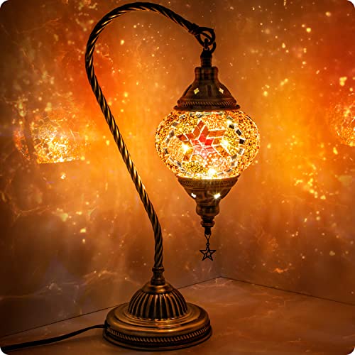 Yarra-Decor Turkish Moroccan Lamp with Bronze Base 3-Way Color Changing Handmade Swan Neck Tiffany Mosaic Glass Bedside Lamps for Bedroom (LED Bulb Included) (Red2) - Image 1