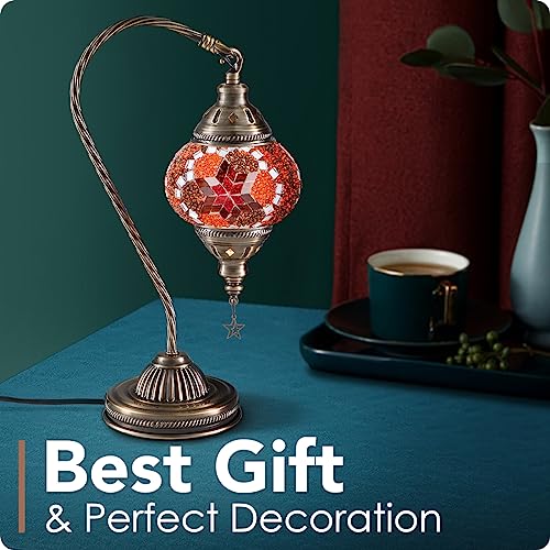 Yarra-Decor Turkish Moroccan Lamp with Bronze Base 3-Way Color Changing Handmade Swan Neck Tiffany Mosaic Glass Bedside Lamps for Bedroom (LED Bulb Included) (Red2) - Image 3