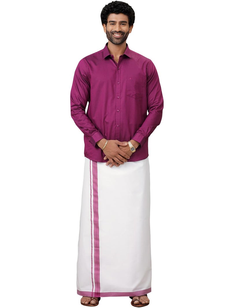 RAMRAJ COTTON قميص بأكمام كاملة من قطن رامراج للرجال مع دهوتي بحدود متطابقة (بنفسجي; 38) - Image 1