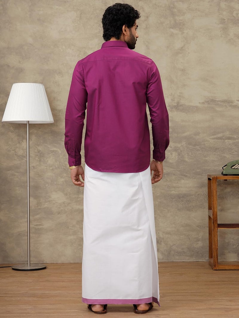 RAMRAJ COTTON قميص بأكمام كاملة من قطن رامراج للرجال مع دهوتي بحدود متطابقة (بنفسجي; 38) - Image 2