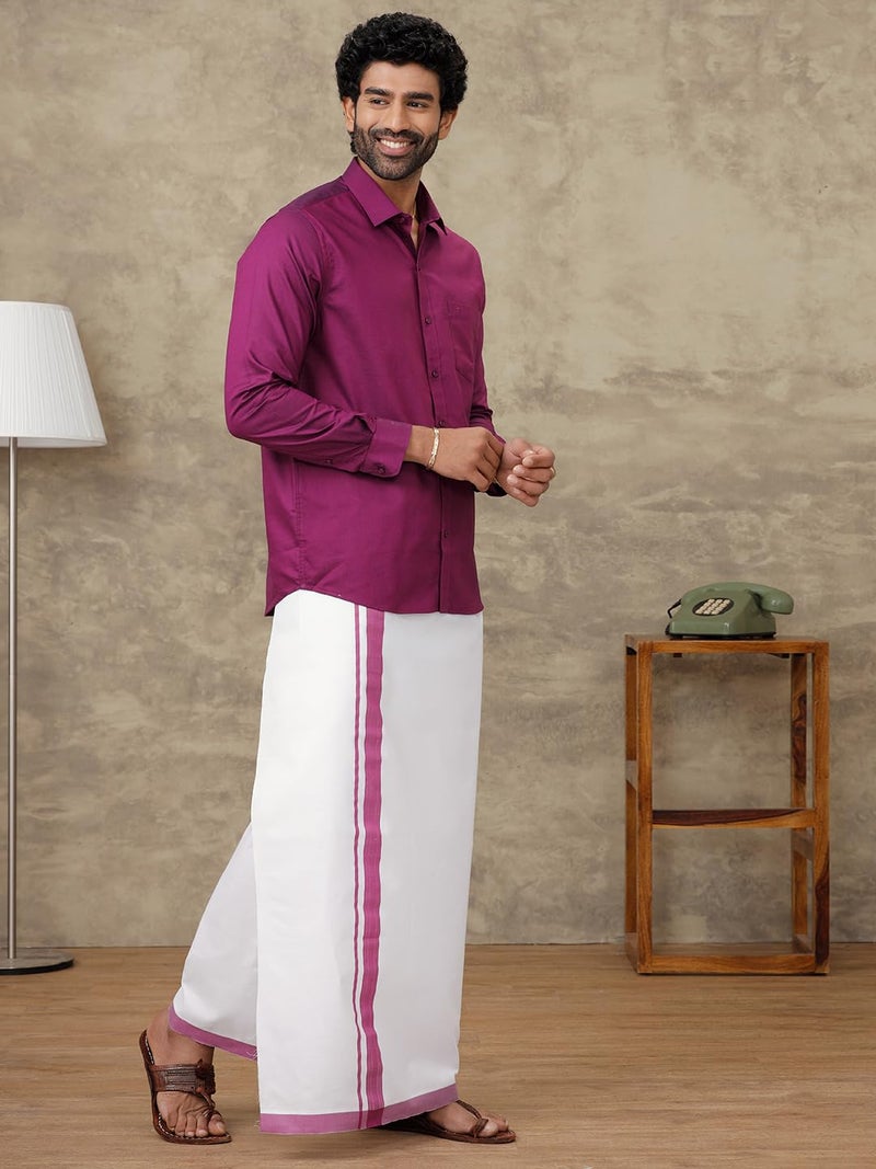 RAMRAJ COTTON قميص بأكمام كاملة من قطن رامراج للرجال مع دهوتي بحدود متطابقة (بنفسجي; 38) - Image 3