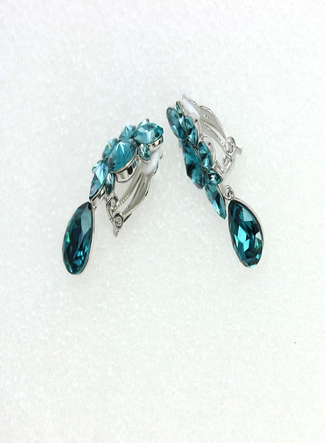 Faship Statement Teal Premium Rhinestone Crystal Dangling Floral Clip On Earrings - Teal - Image 4