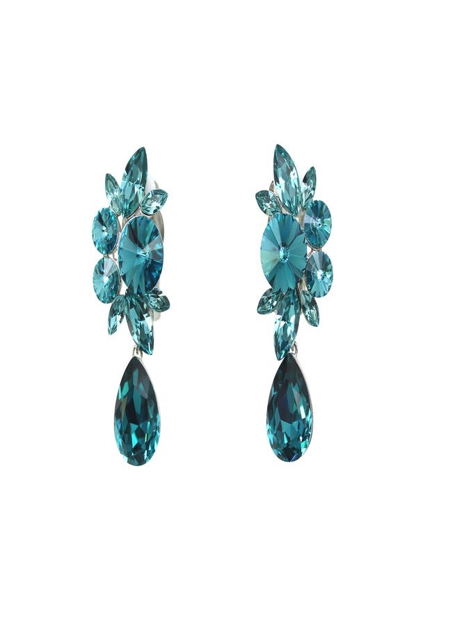 Faship Statement Teal Premium Rhinestone Crystal Dangling Floral Clip On Earrings - Teal - Image 1