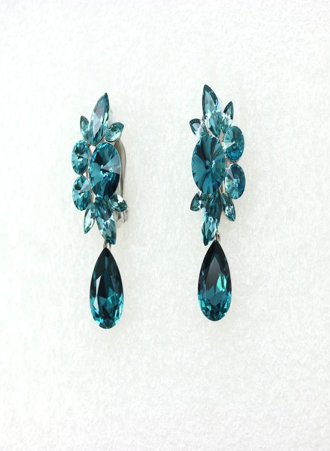 Faship Statement Teal Premium Rhinestone Crystal Dangling Floral Clip On Earrings - Teal - Image 3