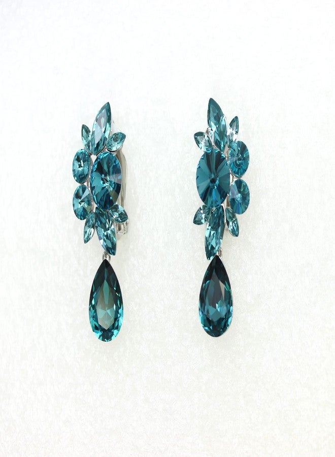 Faship Statement Teal Premium Rhinestone Crystal Dangling Floral Clip On Earrings - Teal - Image 2