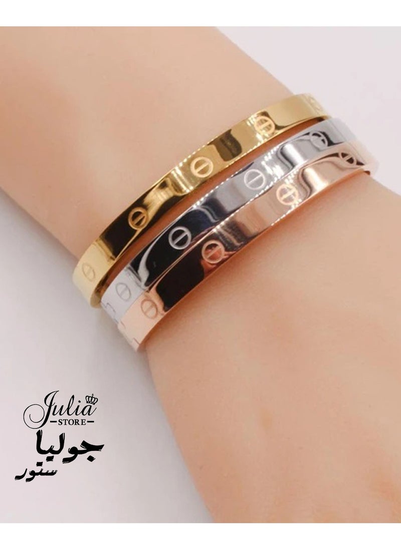 جوليا ستور سوار الحب الأنيق الفاخر المصنوع من الفولاذ المقاوم للصدأ للنساء، مصنوع من البلاتين، والذهب الوردي، ومطلي بالذهب، ومزين بمفصلات من الفولاذ المقاوم للصدأ، وسوار بيضاوي الشكل للنساء كهدية  - Image 2