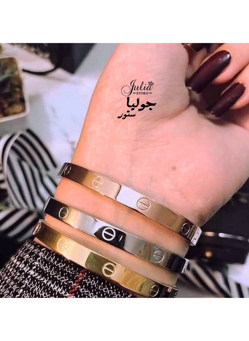 جوليا ستور سوار الحب الأنيق الفاخر المصنوع من الفولاذ المقاوم للصدأ للنساء، مصنوع من البلاتين، والذهب الوردي، ومطلي بالذهب، ومزين بمفصلات من الفولاذ المقاوم للصدأ، وسوار بيضاوي الشكل للنساء كهدية  - Image 5