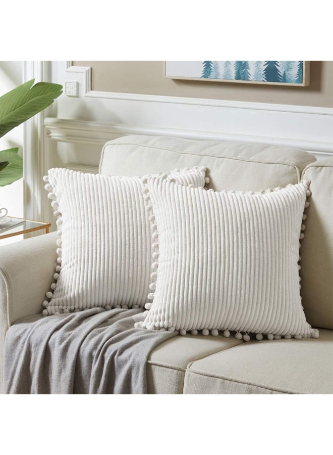 2-Pack Cream Corduroy Pom Pom Throw Pillow Covers, 18x18 Inch - Image 1