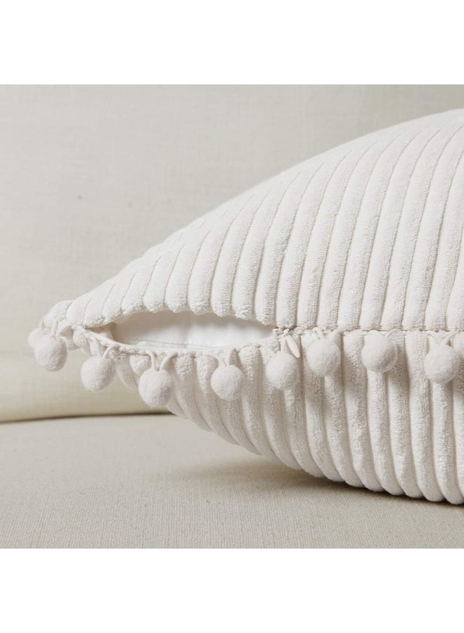 2-Pack Cream Corduroy Pom Pom Throw Pillow Covers, 18x18 Inch - Image 3