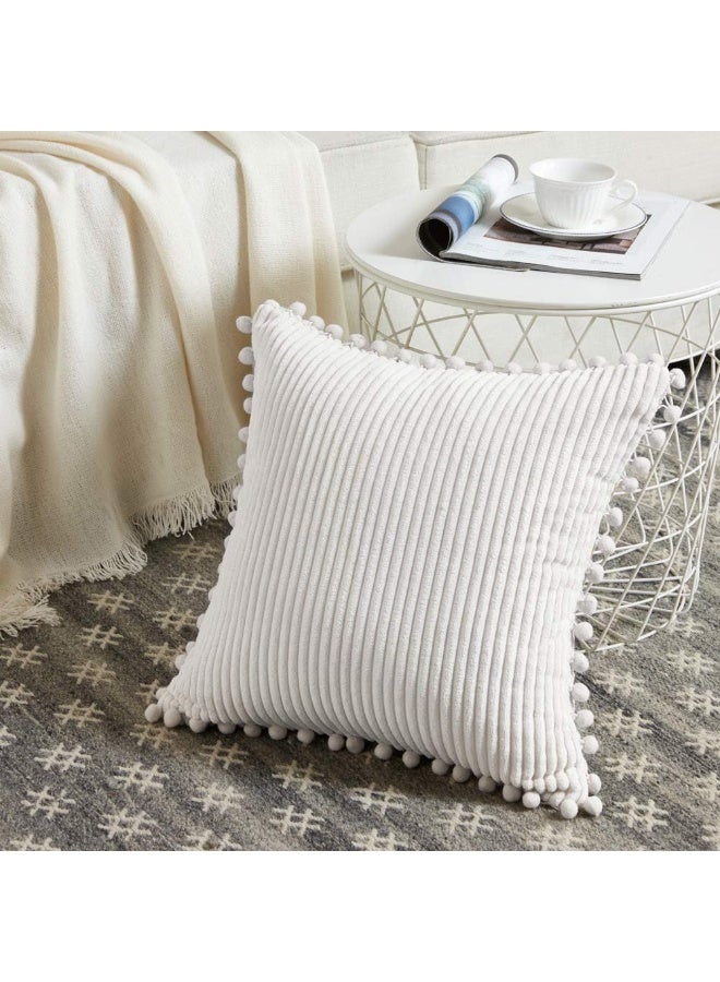 2-Pack Cream Corduroy Pom Pom Throw Pillow Covers, 18x18 Inch - Image 2