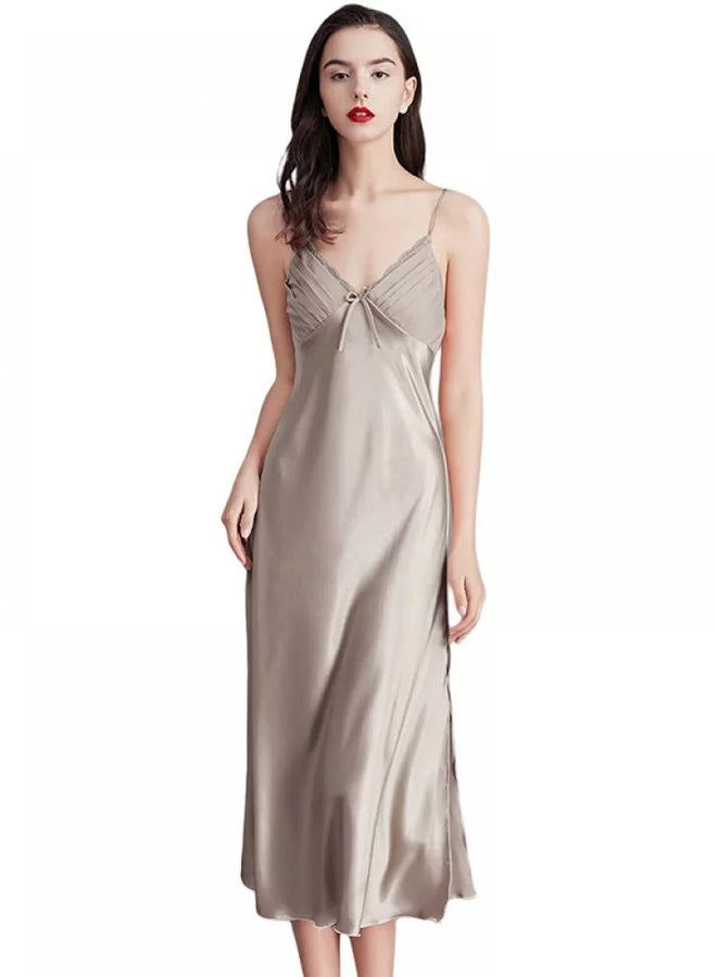 MARGOUN Women Nightdress Long Nightgown Artificial Silk Solid Color Deep-V Backless Sleepwear Nightie Nightwear Camel  - Image 1