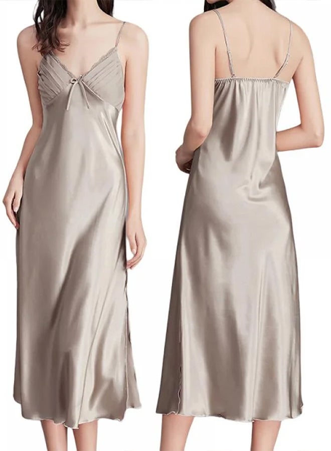 MARGOUN Women Nightdress Long Nightgown Artificial Silk Solid Color Deep-V Backless Sleepwear Nightie Nightwear Camel  - Image 2