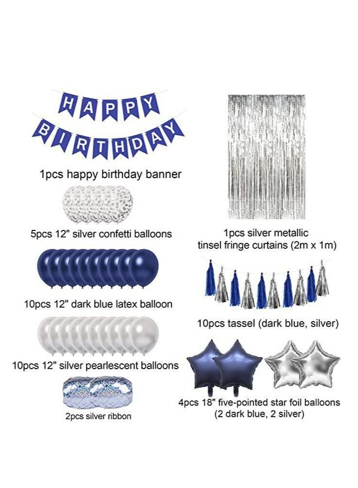 Captaintech Birthday Party Decoration, Happy Birthday Banner, Silver Fringe Curtain, Pentagram Shaped Balloon, Blue Birthday Decoration for Men Women Girls Boys Kids, Men Women Birthday Decor Set for Him Her - Image 3