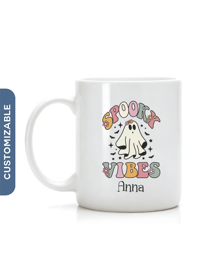 Share the Love Spooky Vibes Personalised Halloween Coffee Mug With Ghost Design 