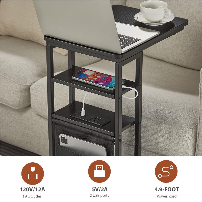 ZEXVIDA C Shaped End Table with Charging Station, 28"(H) 3-Tier C Table with Storage Bag, Under Couch Table C-Shaped End Table with Storage Shelves and Bag for Living Room, Bedroom, or Office - Image 5