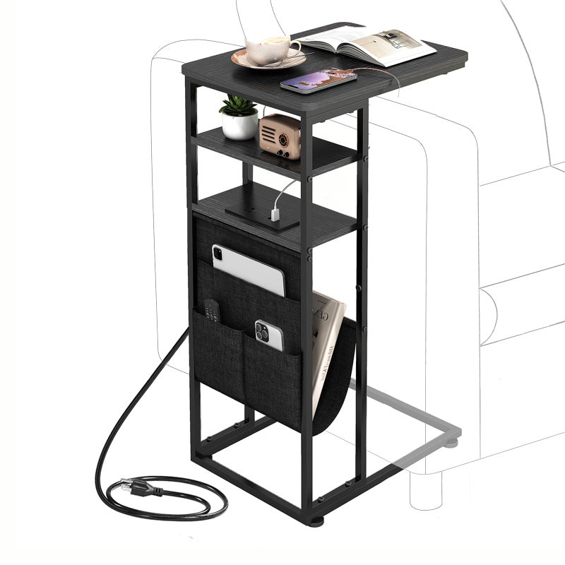 ZEXVIDA C Shaped End Table with Charging Station, 28"(H) 3-Tier C Table with Storage Bag, Under Couch Table C-Shaped End Table with Storage Shelves and Bag for Living Room, Bedroom, or Office - Image 1