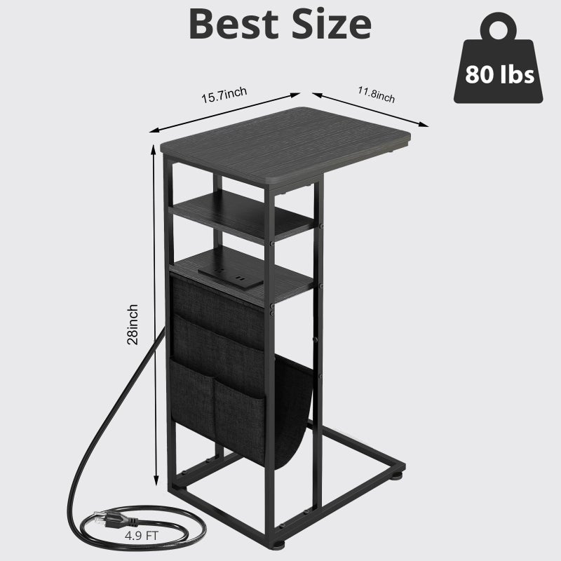 ZEXVIDA C Shaped End Table with Charging Station, 28"(H) 3-Tier C Table with Storage Bag, Under Couch Table C-Shaped End Table with Storage Shelves and Bag for Living Room, Bedroom, or Office - Image 2