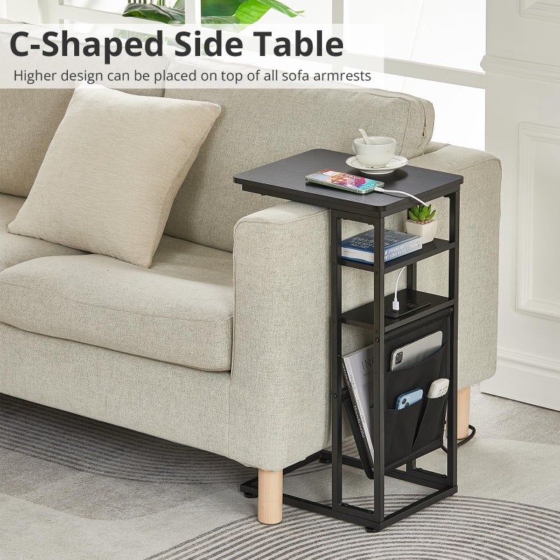 ZEXVIDA C Shaped End Table with Charging Station, 28"(H) 3-Tier C Table with Storage Bag, Under Couch Table C-Shaped End Table with Storage Shelves and Bag for Living Room, Bedroom, or Office - Image 3