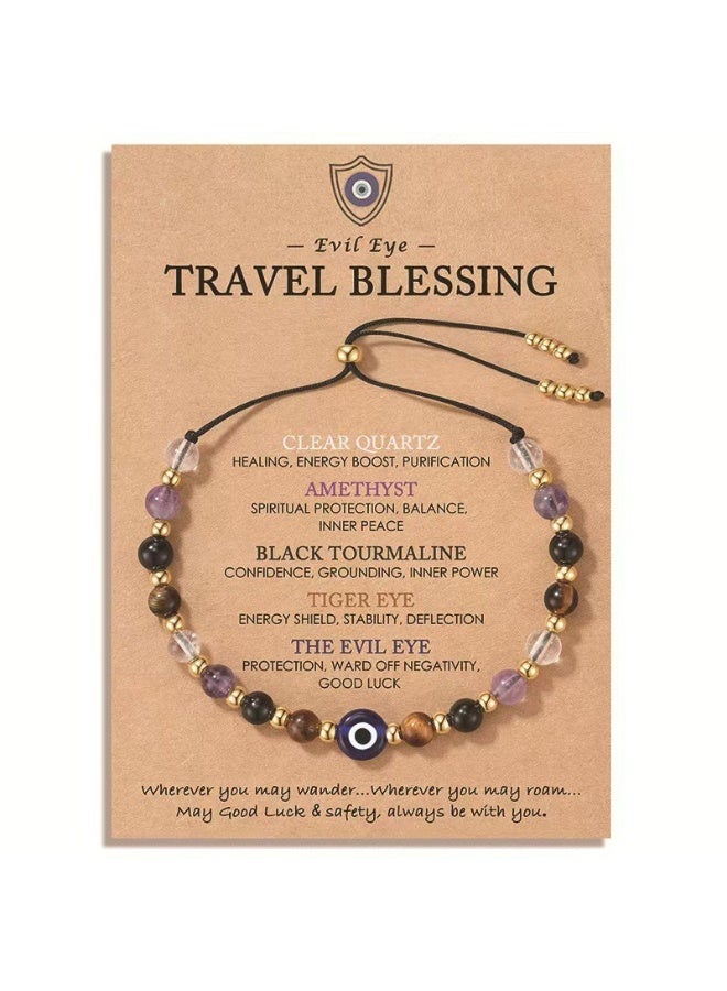 XIXI Evil Eye Protection Beaded Bracelet, Amethyst Black Tourmaline Tiger Eye Clear Quartz Stones, Adjustable - Image 2