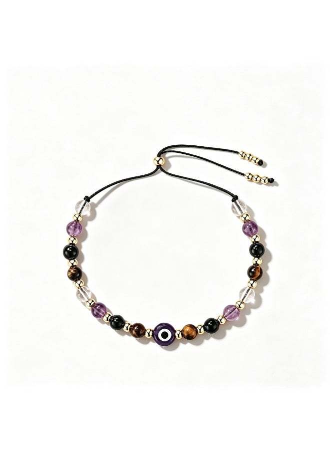 XIXI Evil Eye Protection Beaded Bracelet, Amethyst Black Tourmaline Tiger Eye Clear Quartz Stones, Adjustable - Image 1