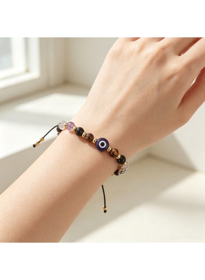 XIXI Evil Eye Protection Beaded Bracelet, Amethyst Black Tourmaline Tiger Eye Clear Quartz Stones, Adjustable - Image 3