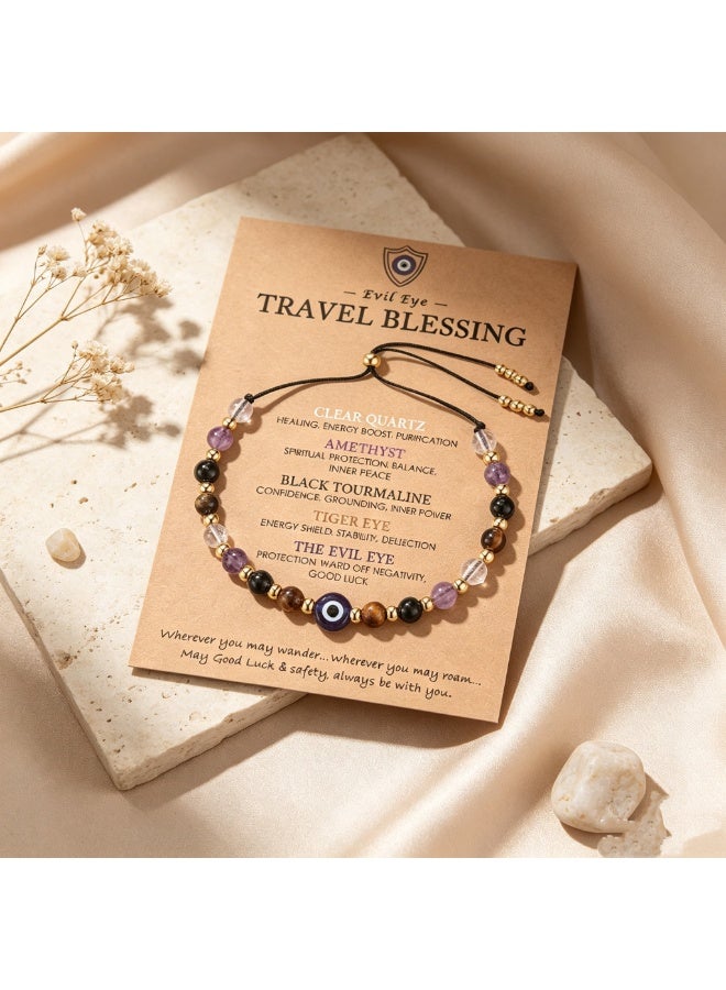XIXI Evil Eye Protection Beaded Bracelet, Amethyst Black Tourmaline Tiger Eye Clear Quartz Stones, Adjustable - Image 4