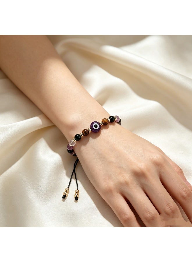 XIXI Evil Eye Protection Beaded Bracelet, Amethyst Black Tourmaline Tiger Eye Clear Quartz Stones, Adjustable - Image 5