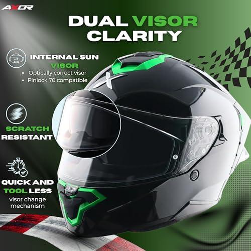 Axor Brutale Corsa Helmet – Dual Spoiler | ECE 22.06, ISI & DOT Certified | Race-Ready Fit with D-Ring & UV-Protected Visor-Black Green, Size:M - Image 3