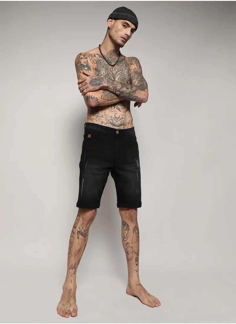 Campus Sutra Men's Black Distressed Denim Shorts
