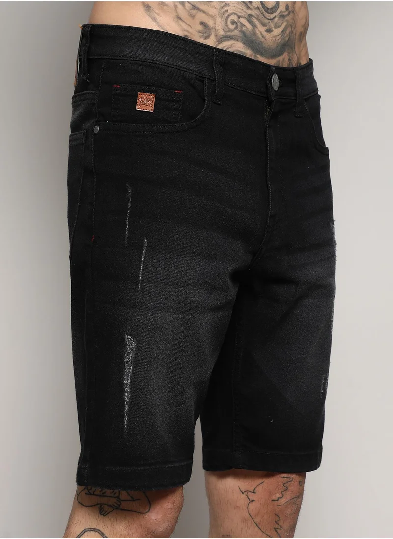 Campus Sutra Men's Black Distressed Denim Shorts