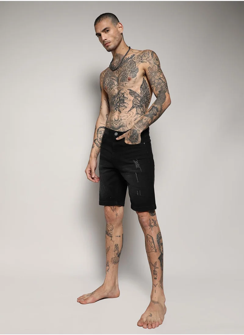 Campus Sutra Men's Black Distressed Denim Shorts