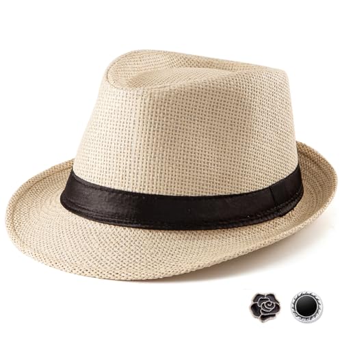 LADYBRO XL Beige Straw Fedora Hats for Men Summer Trilby Beach Travel Casual, 7 1/2 - Image 1
