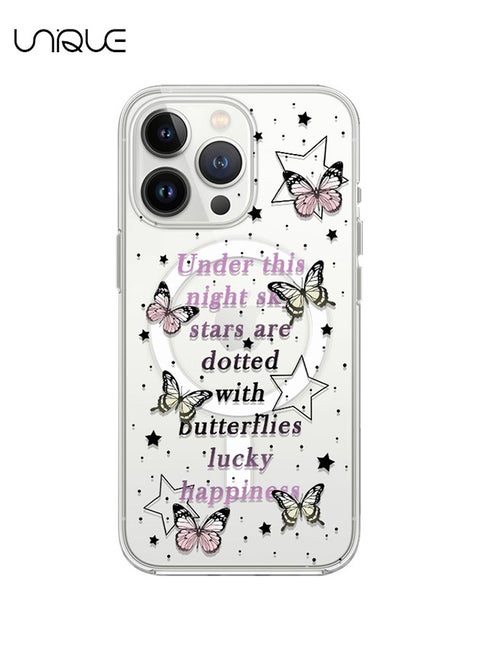 Compatible with iPhone 14 Pro Max Case, MagSafe Case, Pink Black English Graffiti Case, Pink Yellow Butterfly Case, TPU Drop Protection - Clear