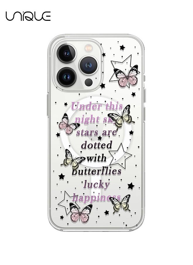 Compatible with iPhone 14 Pro Max Case, MagSafe Case, Pink Black English Graffiti Case, Pink Yellow Butterfly Case, TPU Drop Protection - Clear